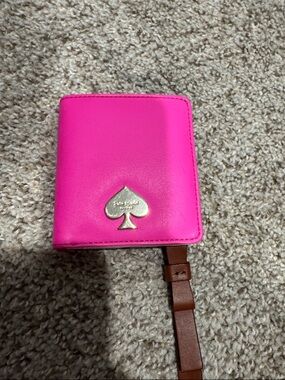 kate spade Bright Pink Leather Compact Wallet with Gold Spade Logo